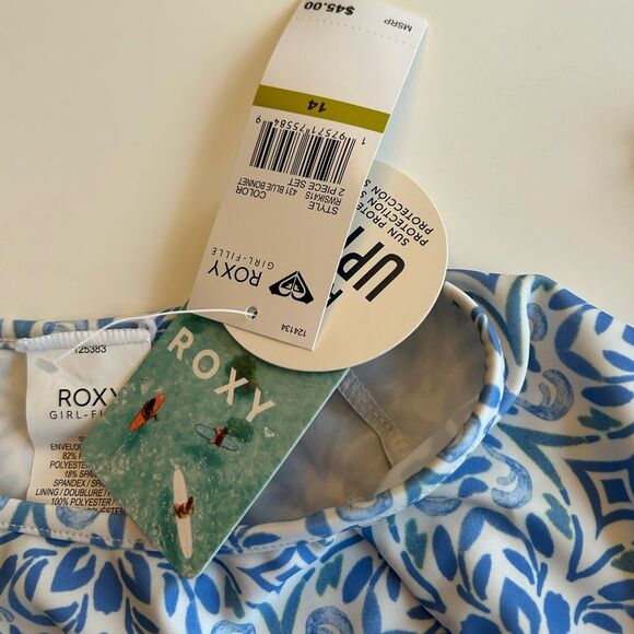 Roxy 2-pc. Fresco Tile Crop Rash Guard Set, Blue bonneT, Size 14, NWT - Picture 8 of 10
